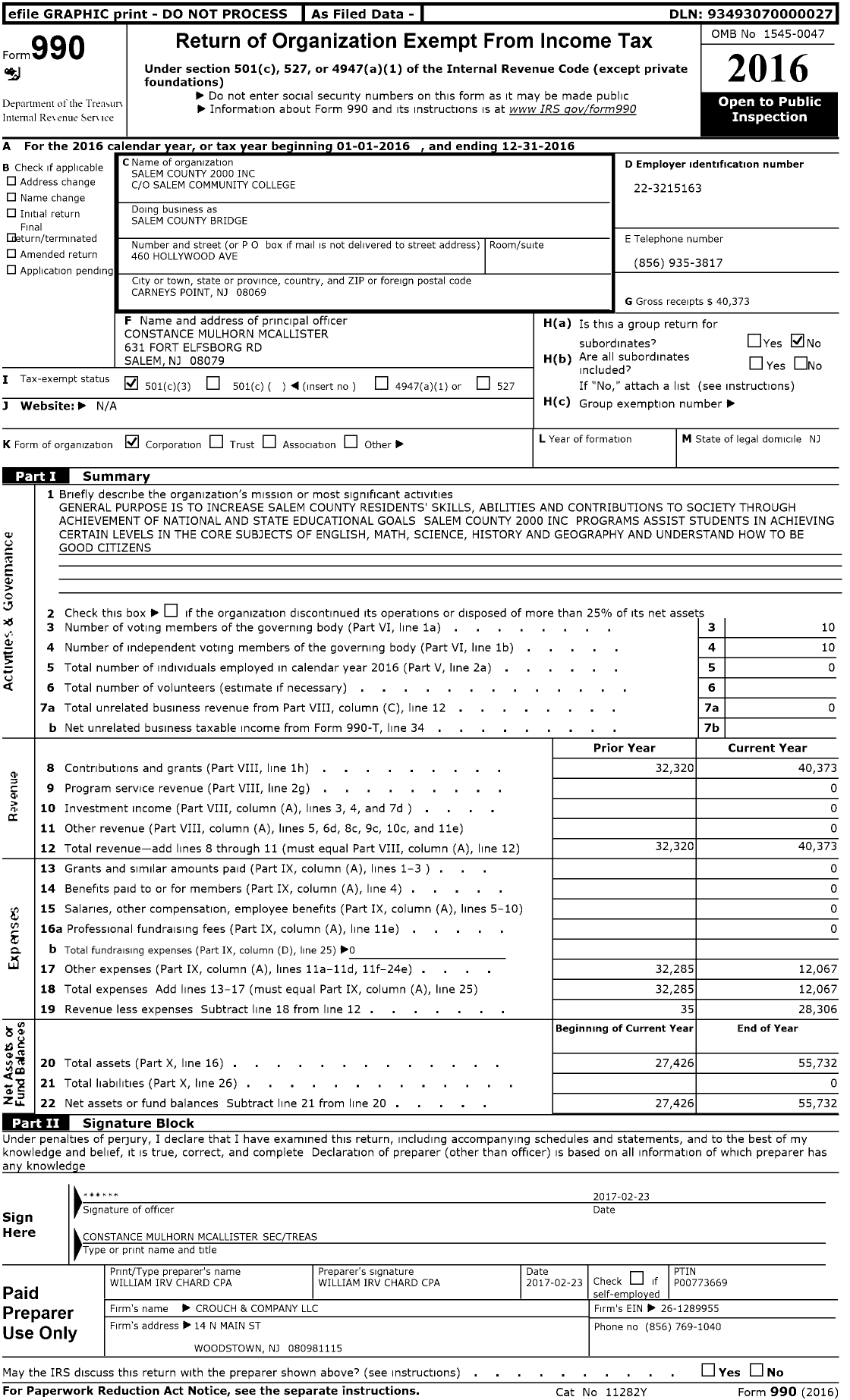 Image of first page of 2016 Form 990 for Salem County 2000