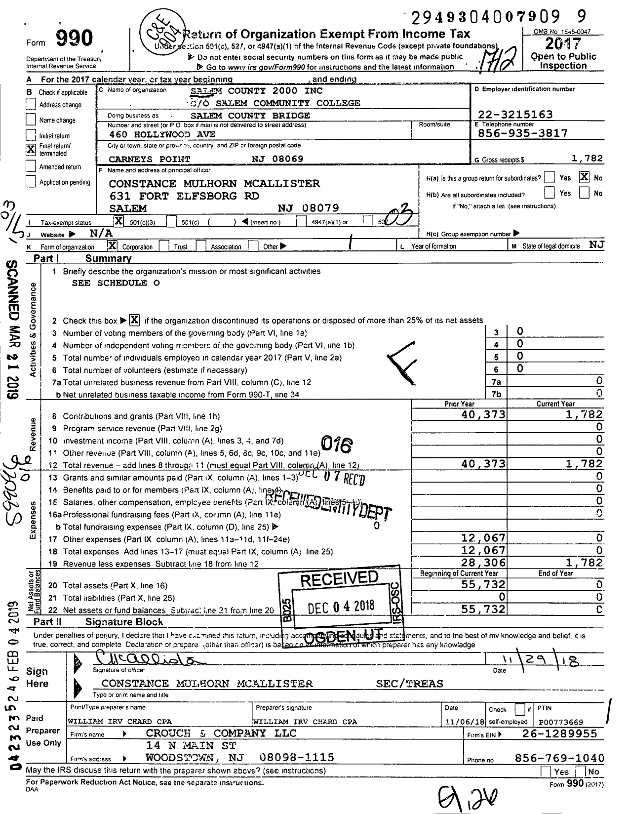 Image of first page of 2017 Form 990 for Salem County 2000