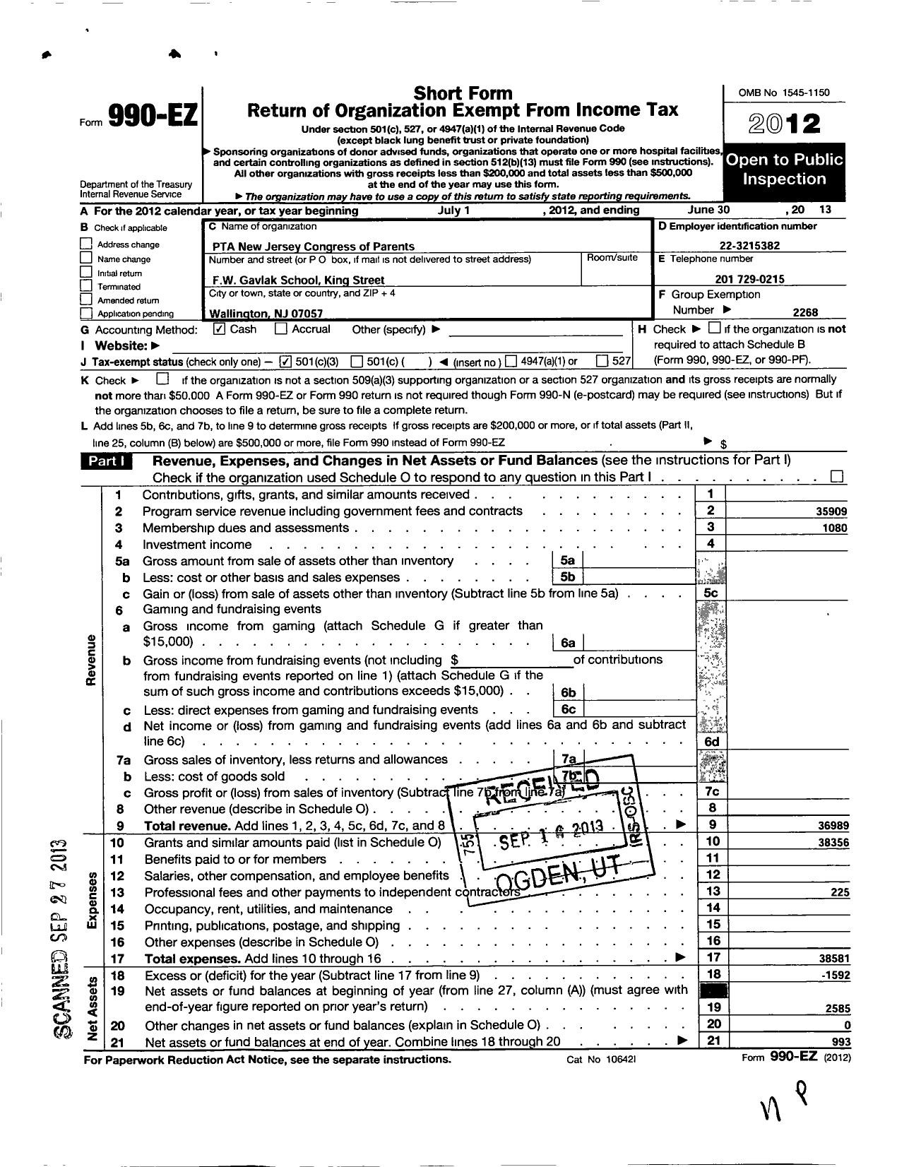 Image of first page of 2012 Form 990EZ for New Jersey PTA - 18584 Wallington SCH PTA