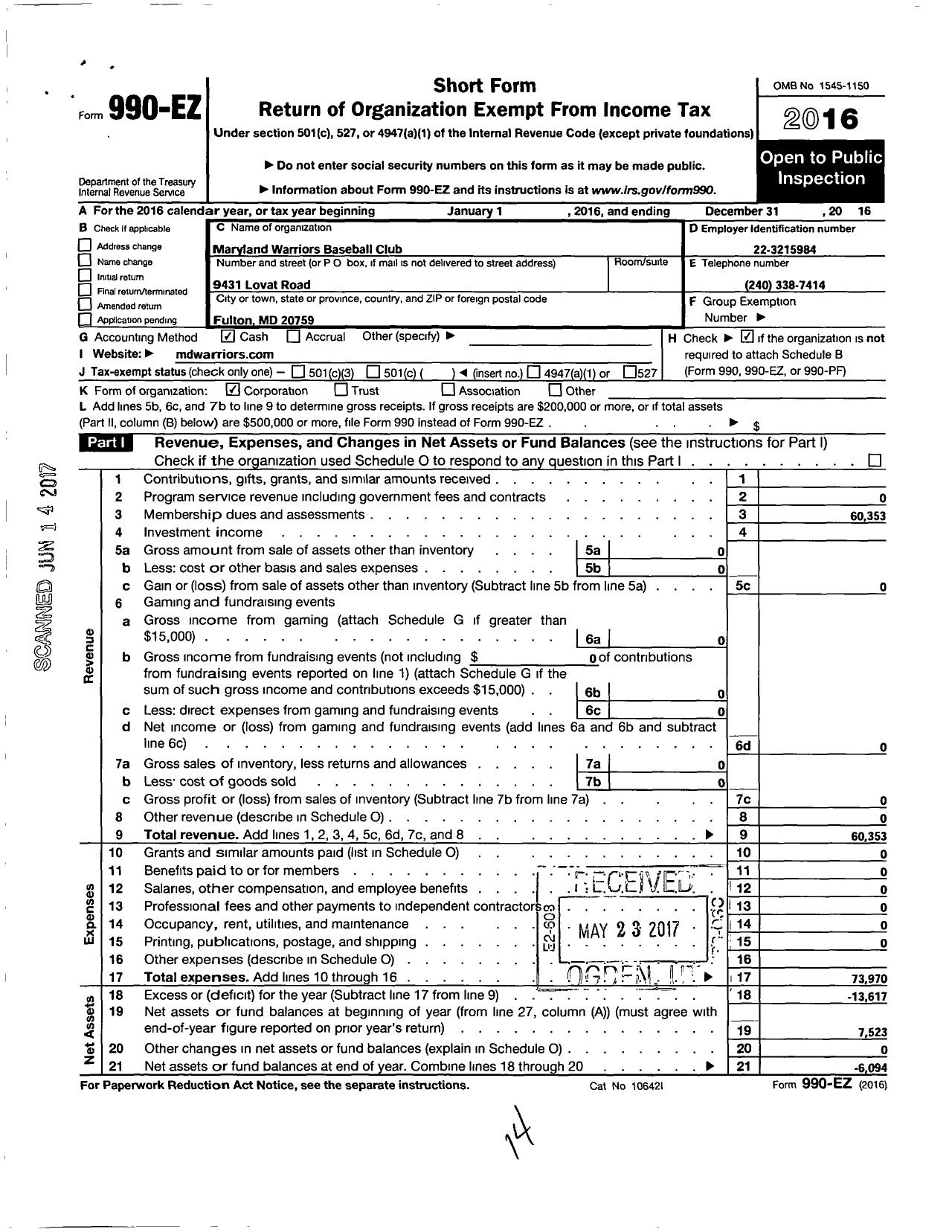 Image of first page of 2016 Form 990EO for MD Warriors Baseball Club Hall