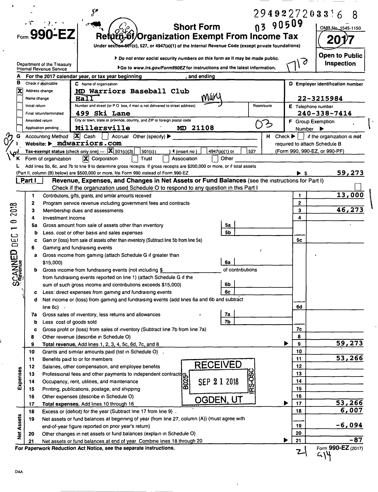 Image of first page of 2017 Form 990EZ for MD Warriors Baseball Club Hall