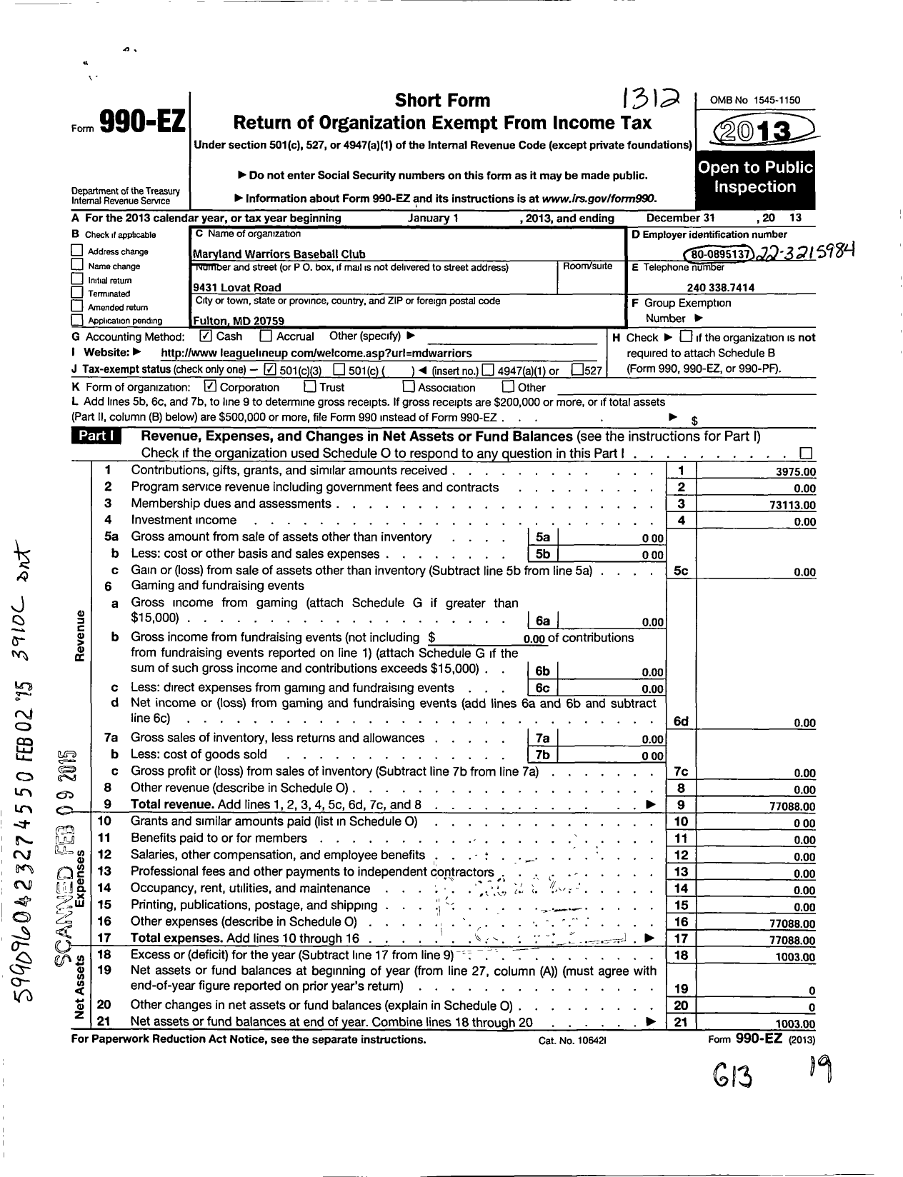 Image of first page of 2013 Form 990EZ for MD Warriors Baseball Club Hall