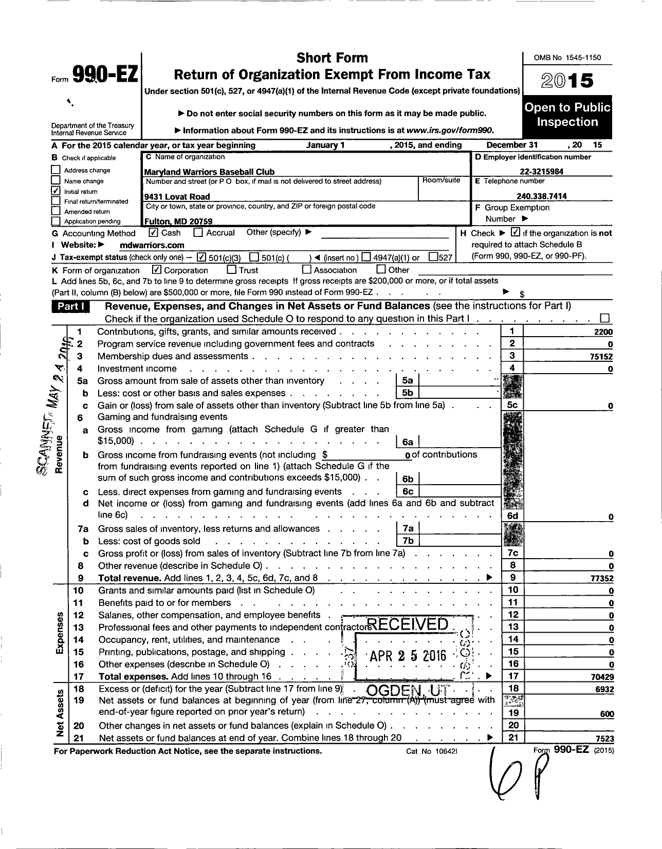 Image of first page of 2015 Form 990EZ for MD Warriors Baseball Club Hall