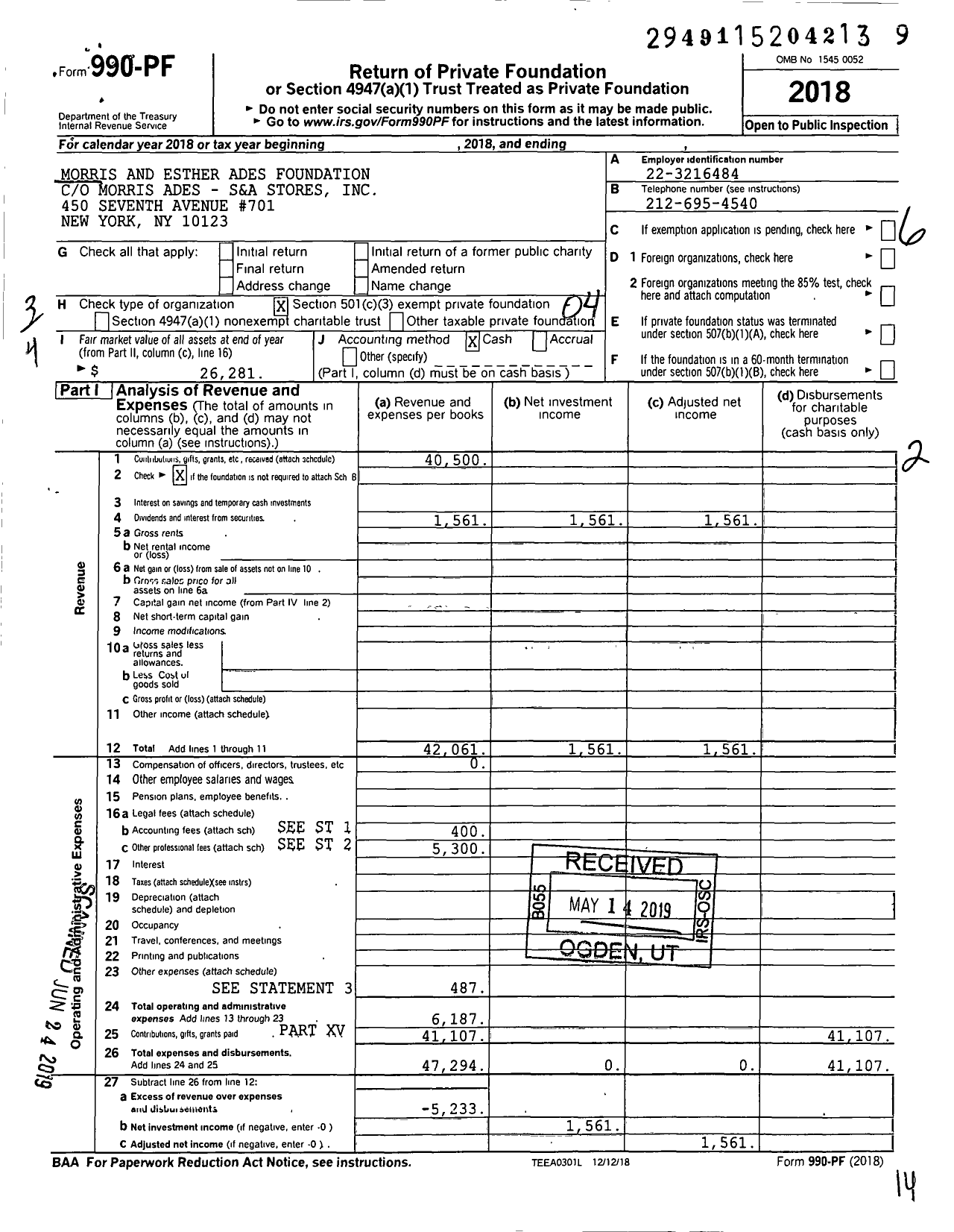 Image of first page of 2018 Form 990PF for Morris and Esther Ades Foundation