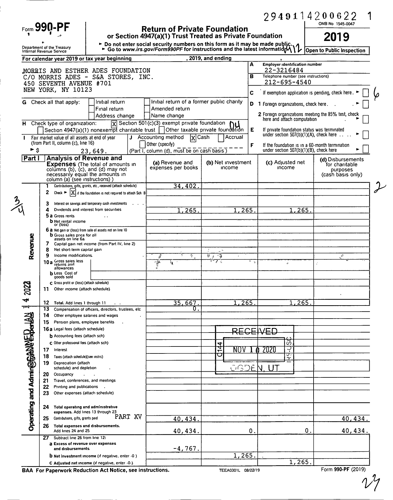 Image of first page of 2019 Form 990PF for Morris and Esther Ades Foundation