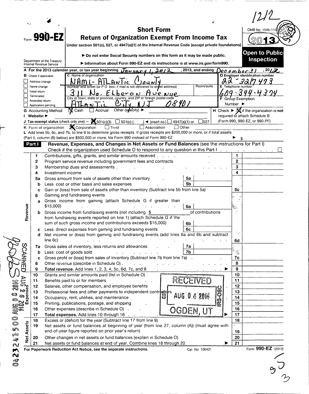 Image of first page of 2012 Form 990EZ for Nami-Atlantic County