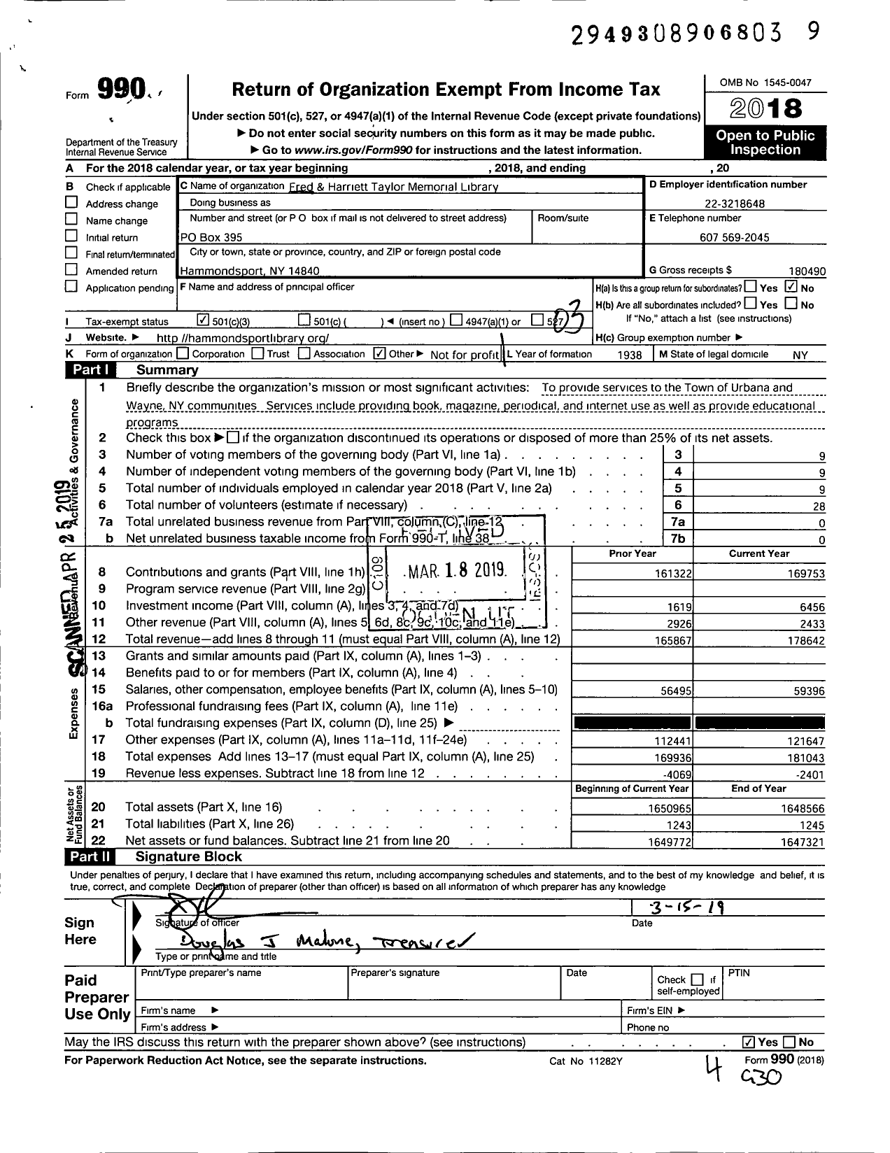 Image of first page of 2018 Form 990 for Fred and Harriett Taylor Memorial Library