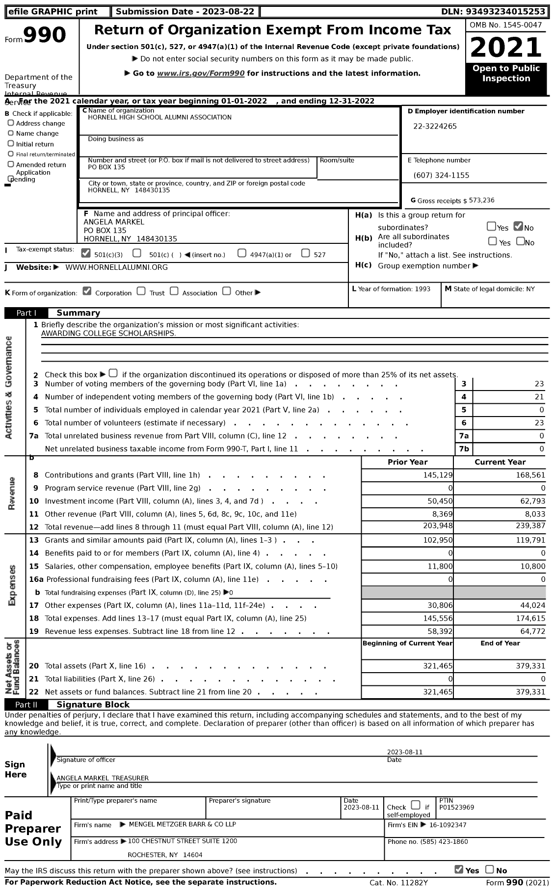 Image of first page of 2022 Form 990 for Hornell High School Alumni Association