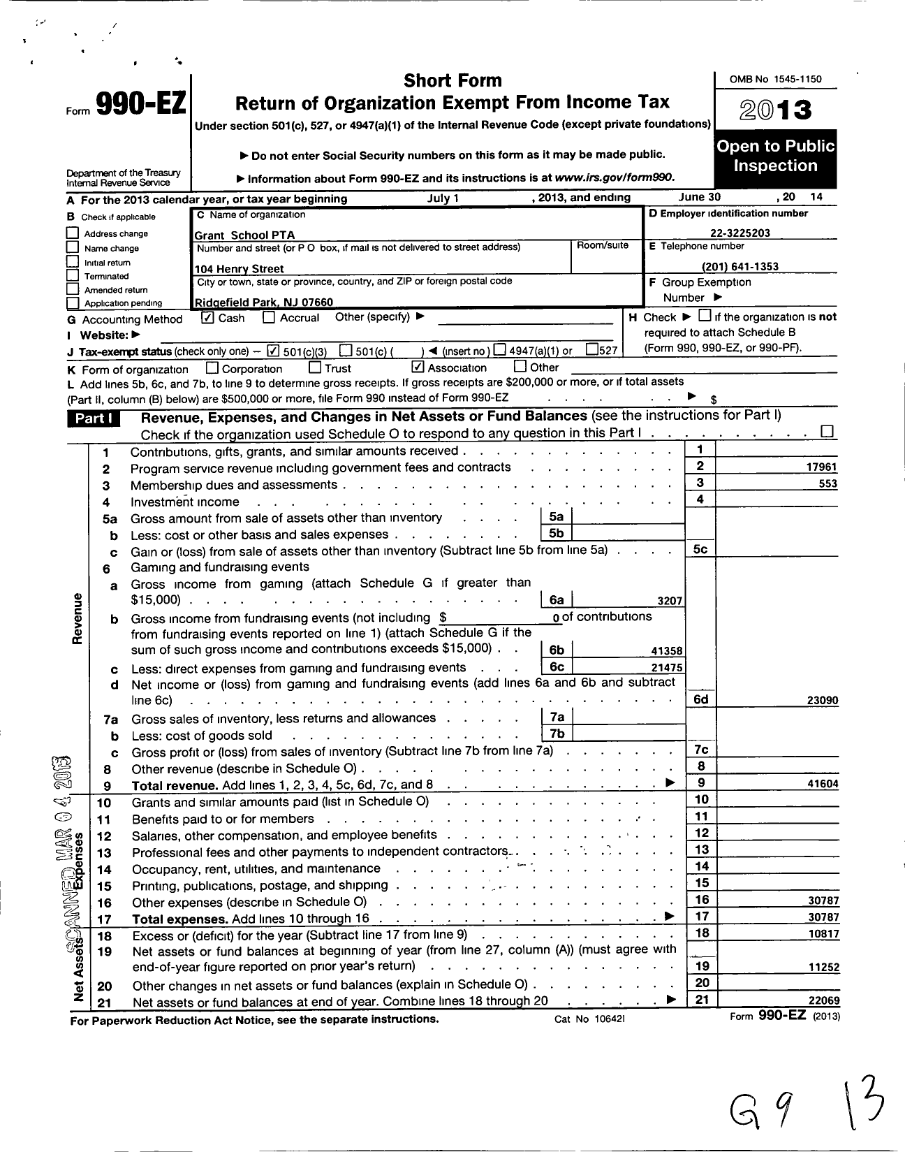 Image of first page of 2013 Form 990EZ for New Jersey PTA - 18819 Grant School PTA