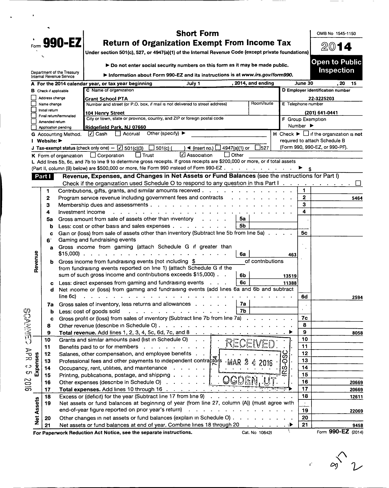 Image of first page of 2014 Form 990EZ for New Jersey PTA - 18819 Grant School PTA