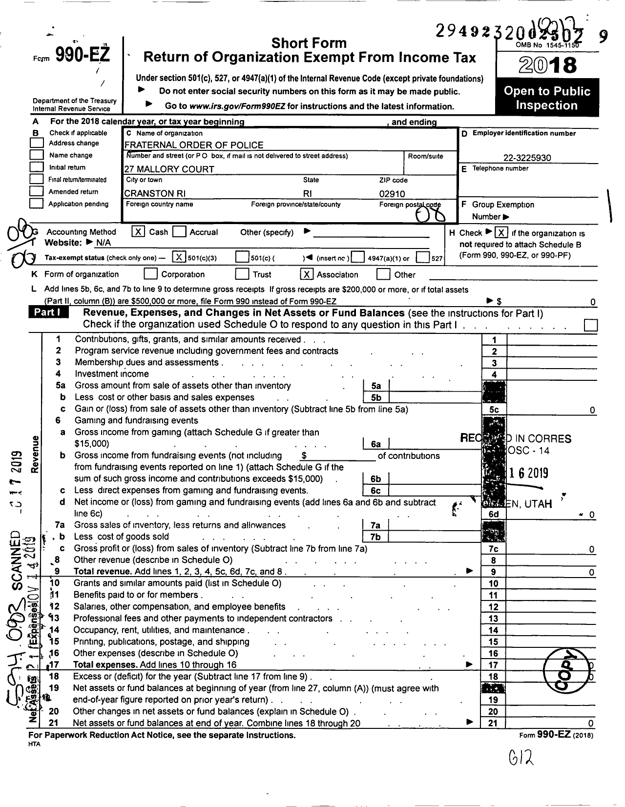 Image of first page of 2018 Form 990EO for Fraternal Order of Police - 35 Ri State Fire Marshalls