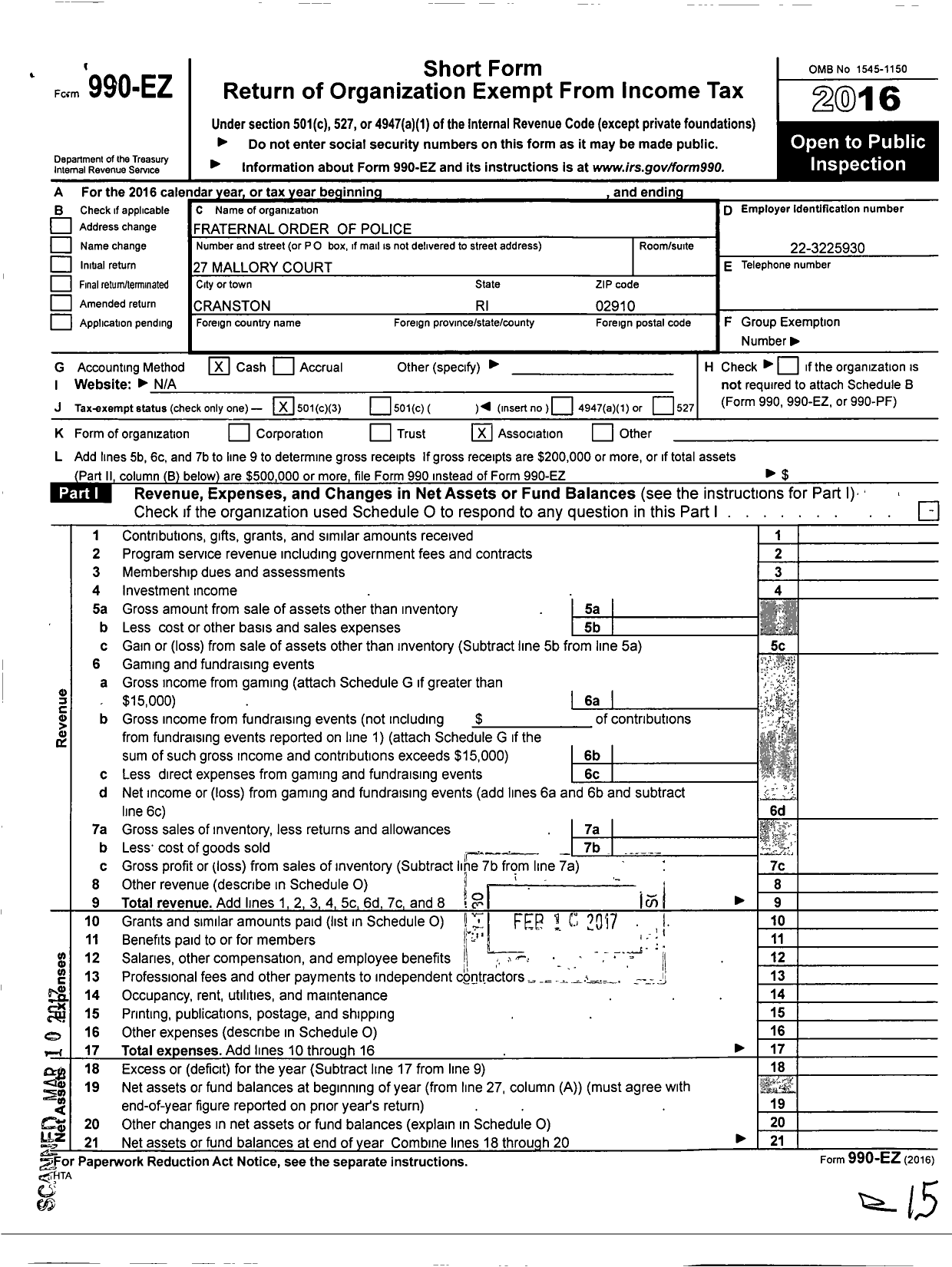 Image of first page of 2016 Form 990EZ for Fraternal Order of Police - 35 Ri State Fire Marshalls