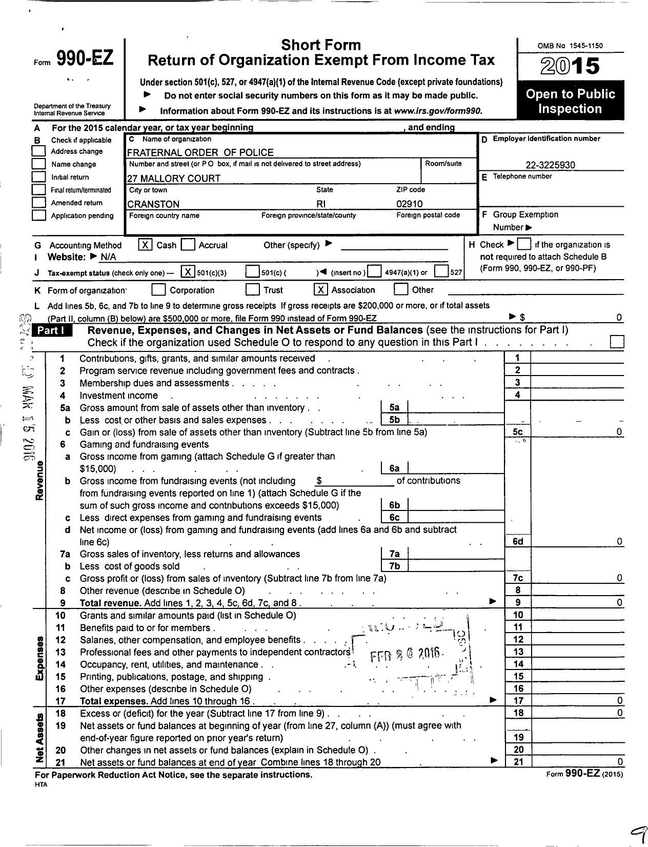 Image of first page of 2015 Form 990EZ for Fraternal Order of Police - 35 Ri State Fire Marshalls