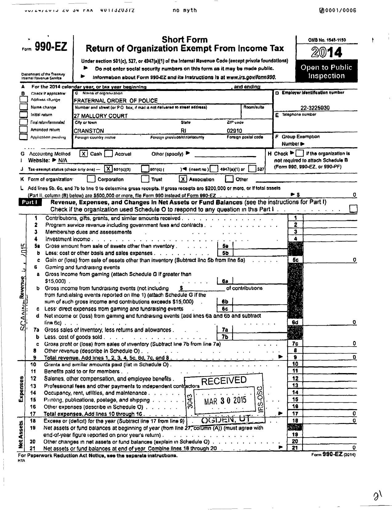 Image of first page of 2014 Form 990EZ for Fraternal Order of Police - 35 Ri State Fire Marshalls