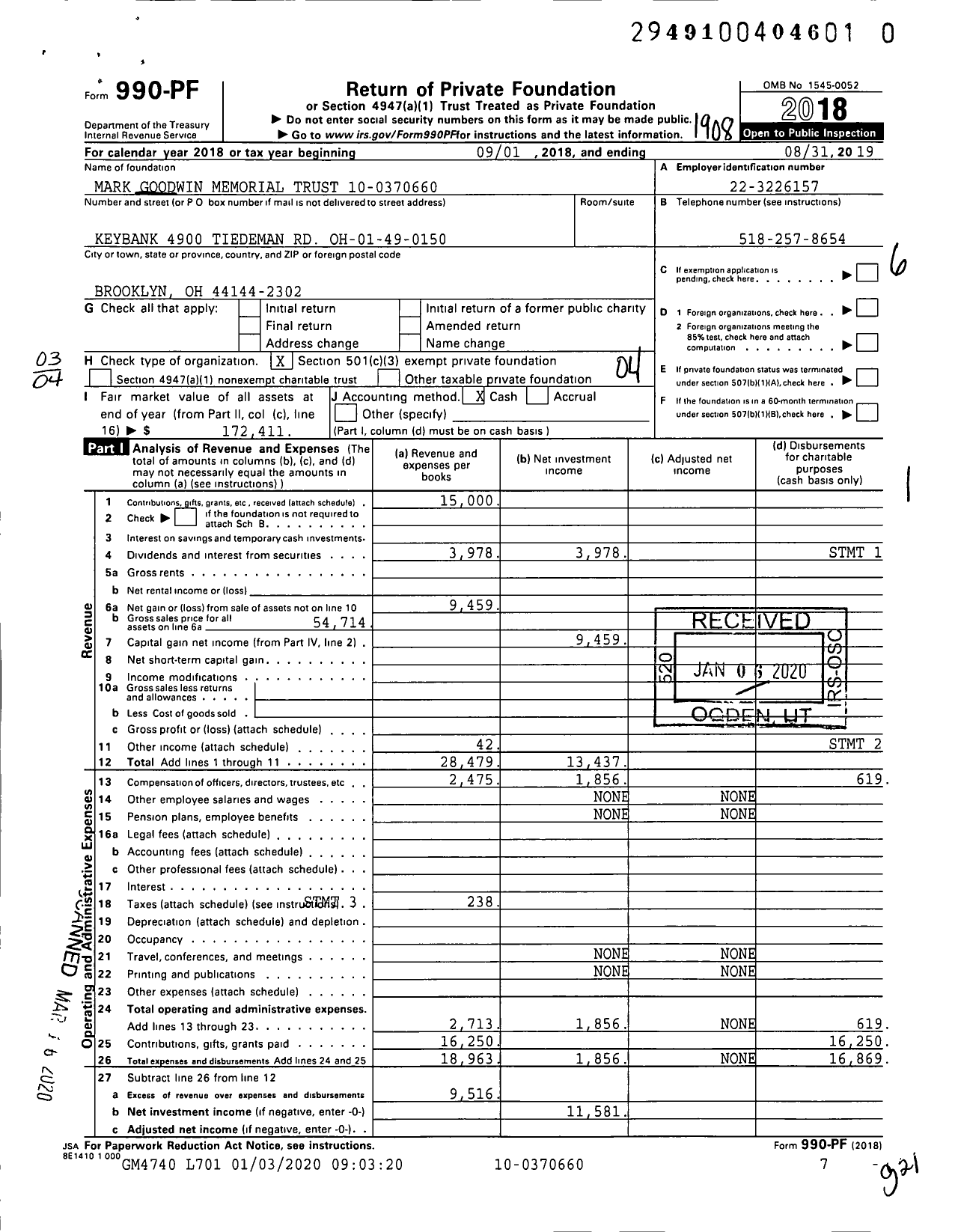 Image of first page of 2018 Form 990PR for Mark Goodwin Memorial Trust