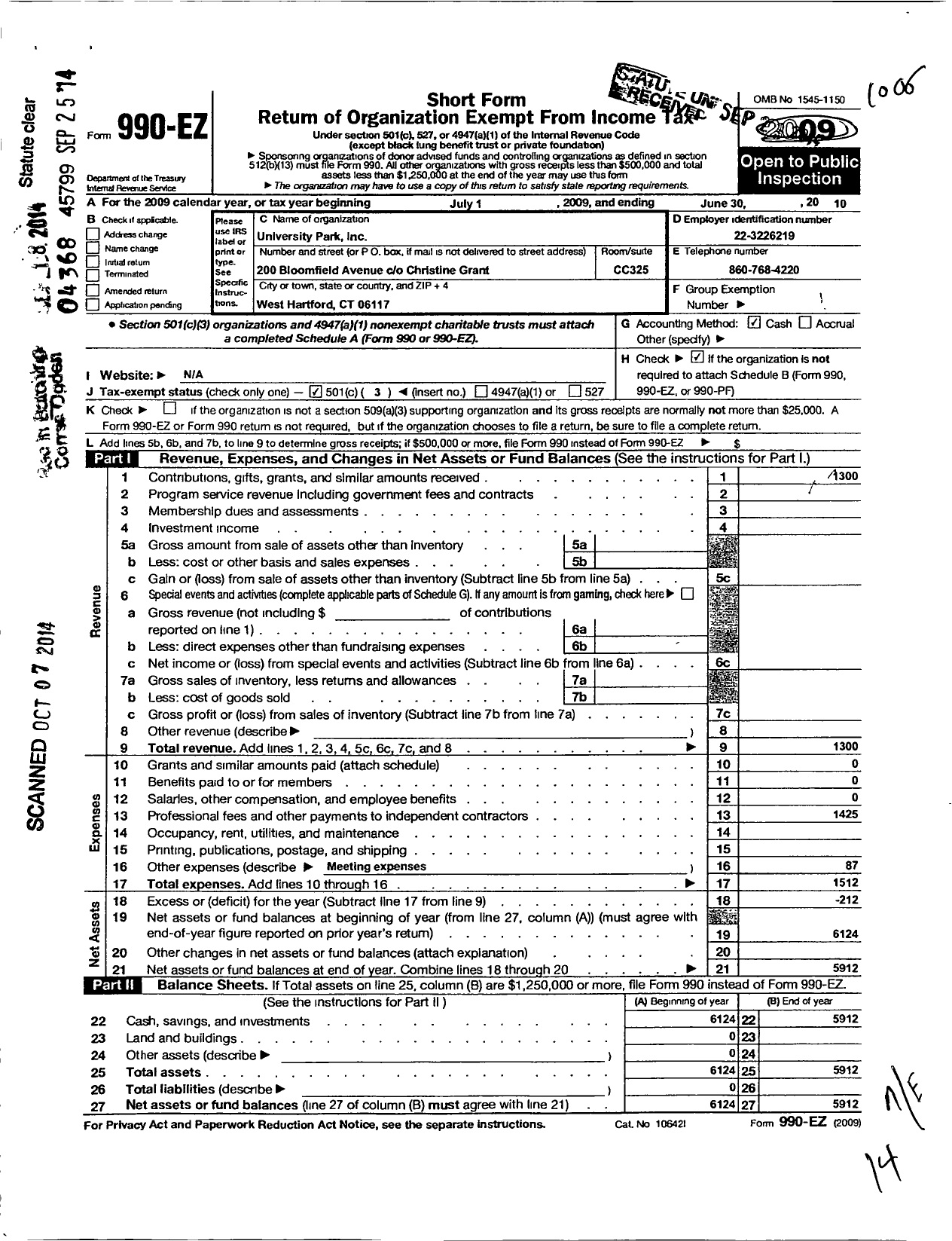 Image of first page of 2009 Form 990EZ for University Park
