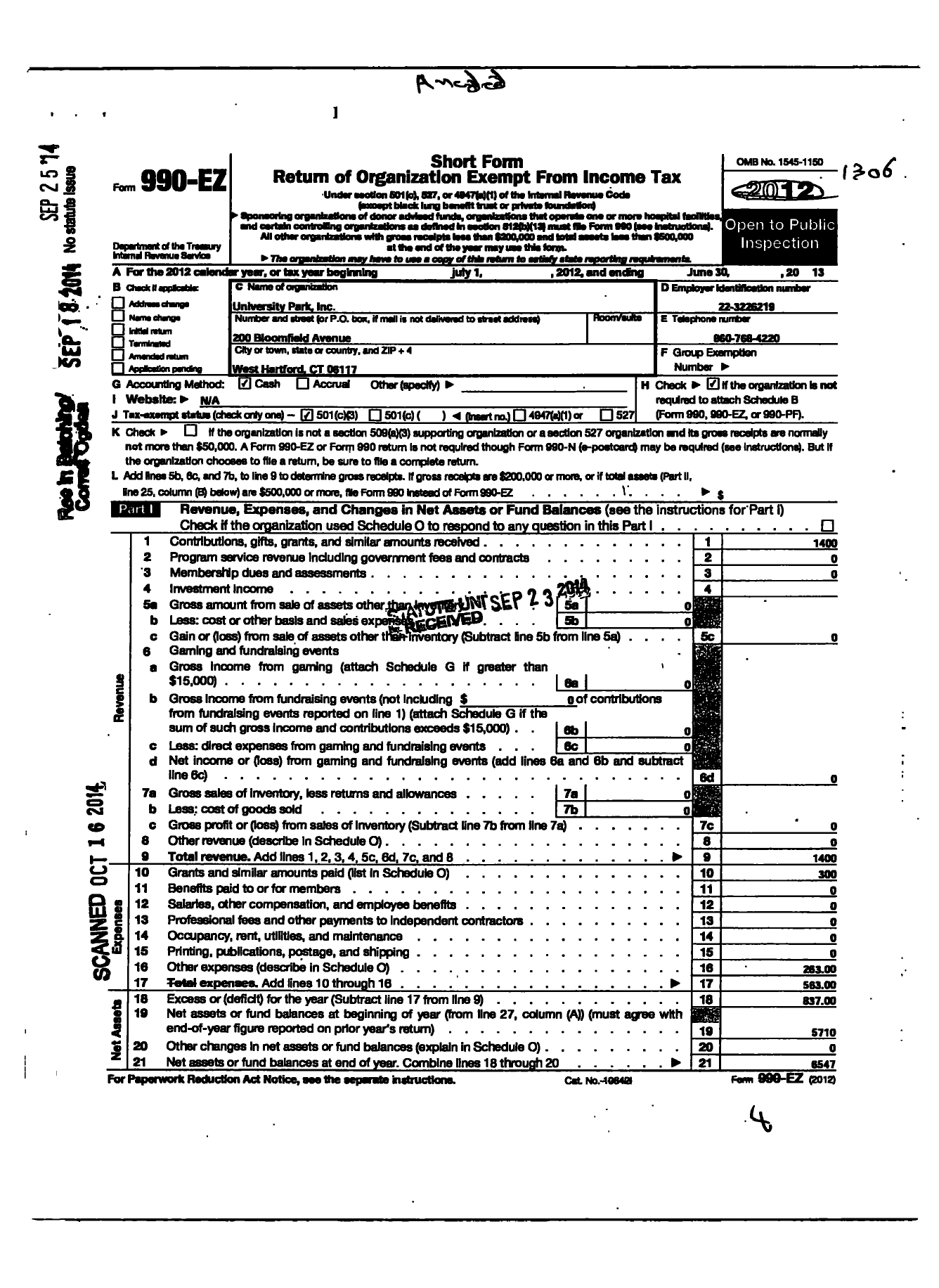 Image of first page of 2012 Form 990EZ for University Park