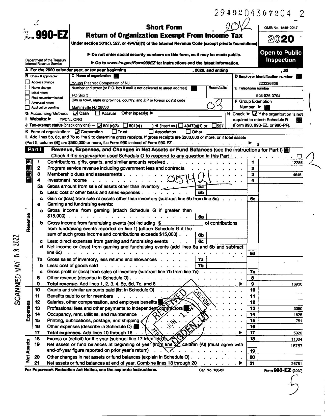 Image of first page of 2020 Form 990EZ for Young Pianist Competition of NJ