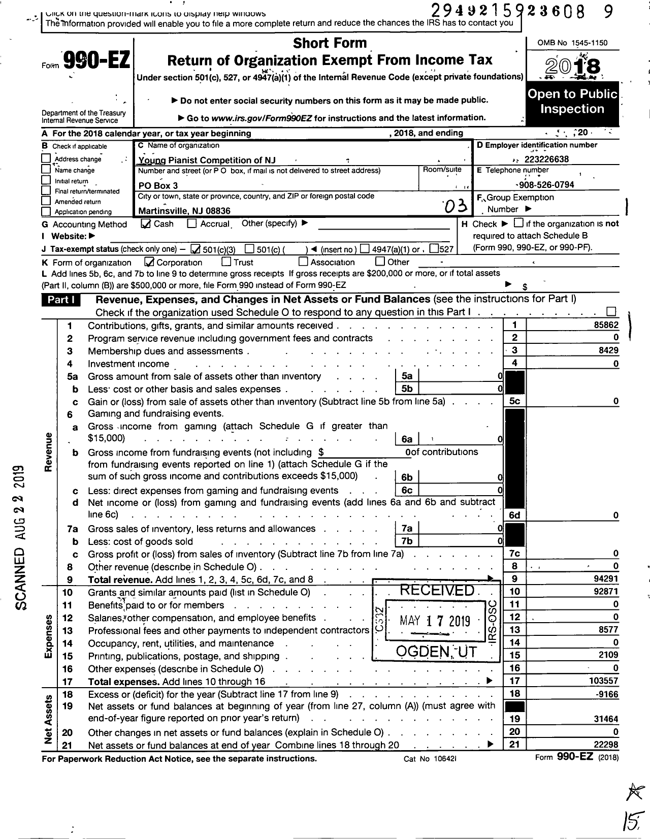 Image of first page of 2018 Form 990EZ for Young Pianist Competition of NJ