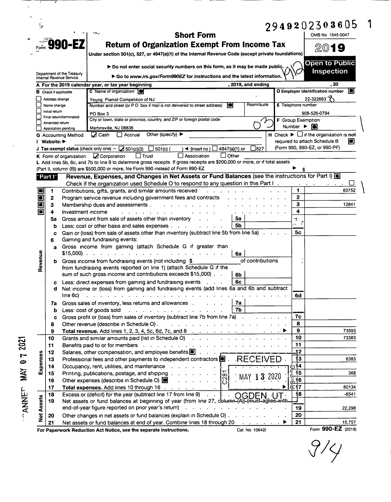 Image of first page of 2019 Form 990EZ for Young Pianist Competition of NJ