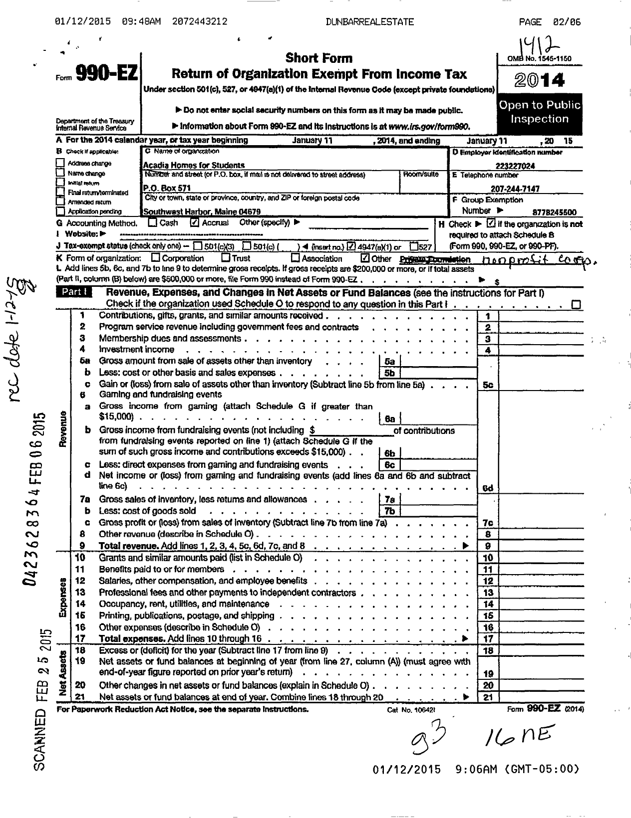 Image of first page of 2014 Form 990EO for Acadia Homes for Students