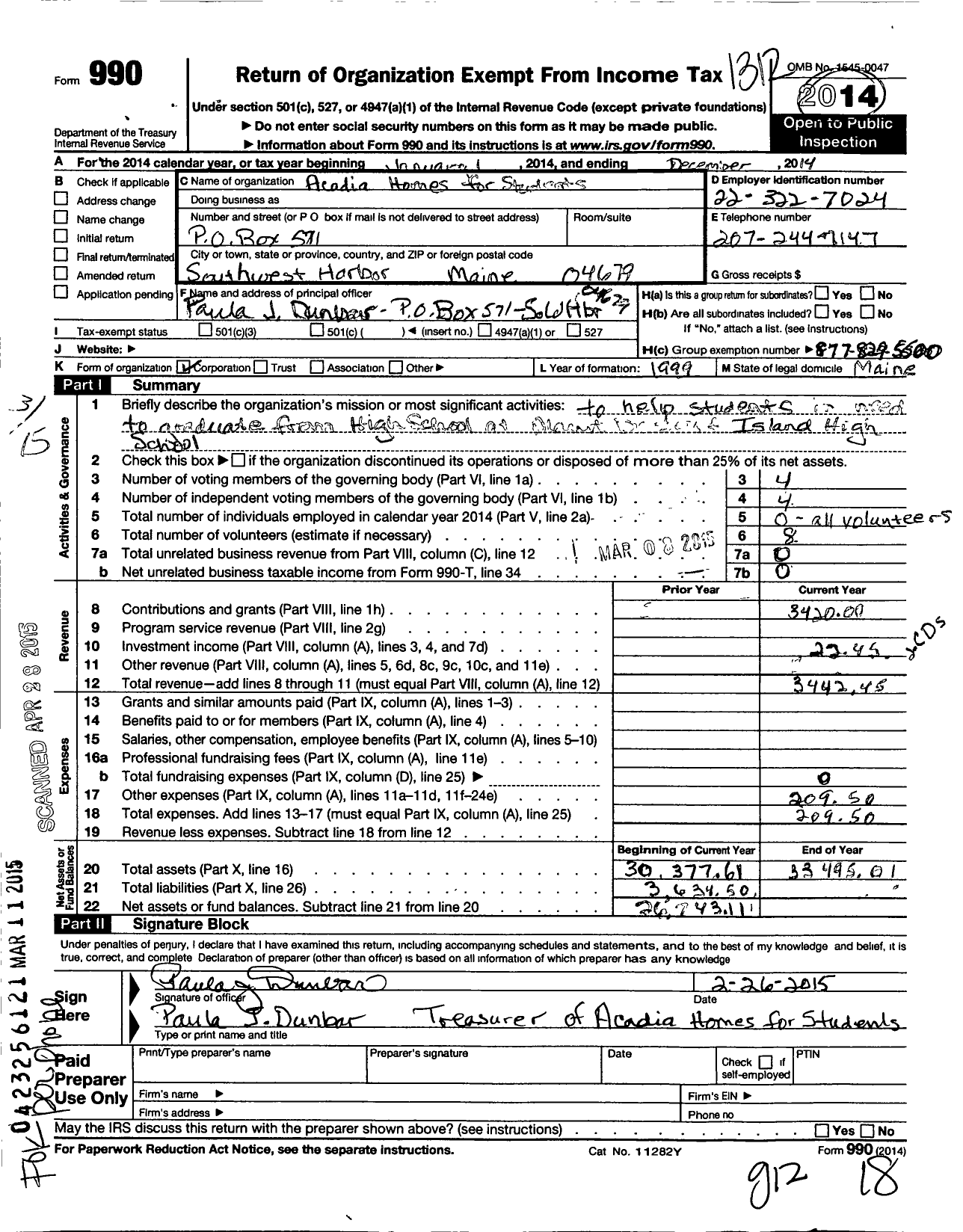 Image of first page of 2013 Form 990O for Acadia Homes for Students