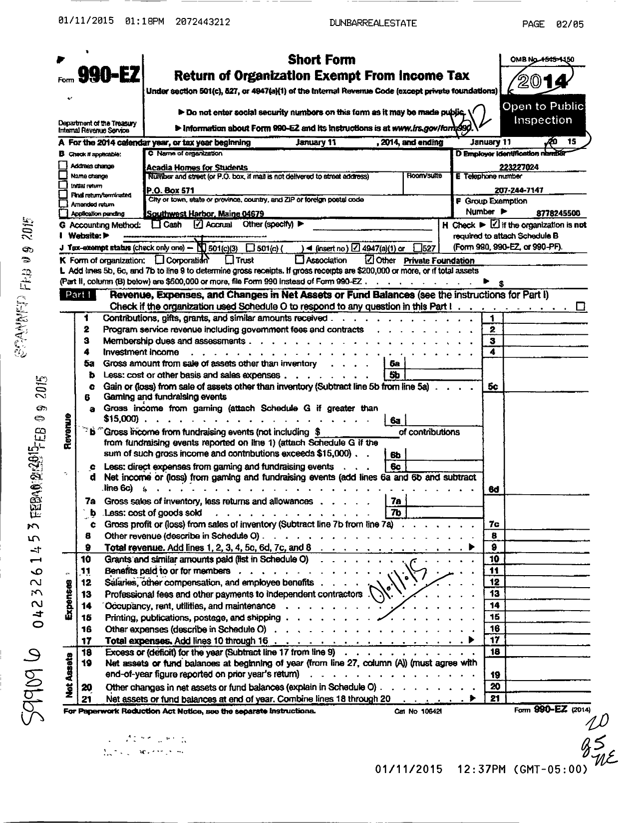 Image of first page of 2013 Form 990EZ for Acadia Homes for Students