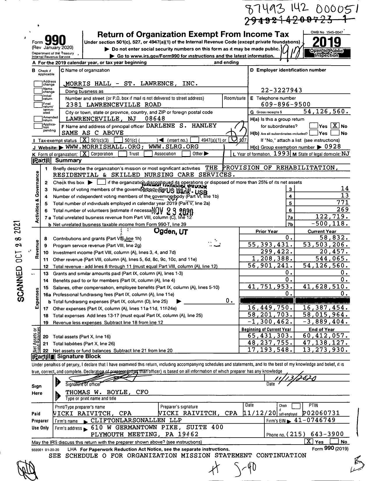 Image of first page of 2019 Form 990 for Morris Hall - St Lawrence