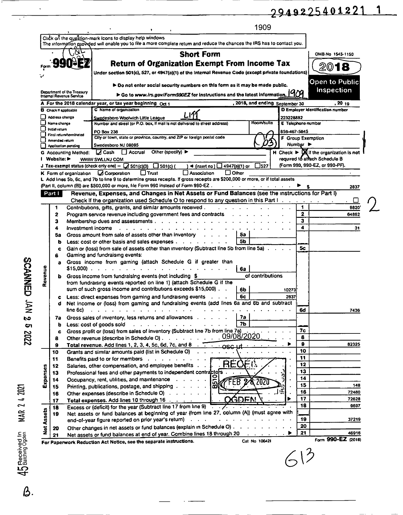 Image of first page of 2018 Form 990EZ for LITTLE League BASEBALL - 2301511 Swedesboro-Woolwich LL