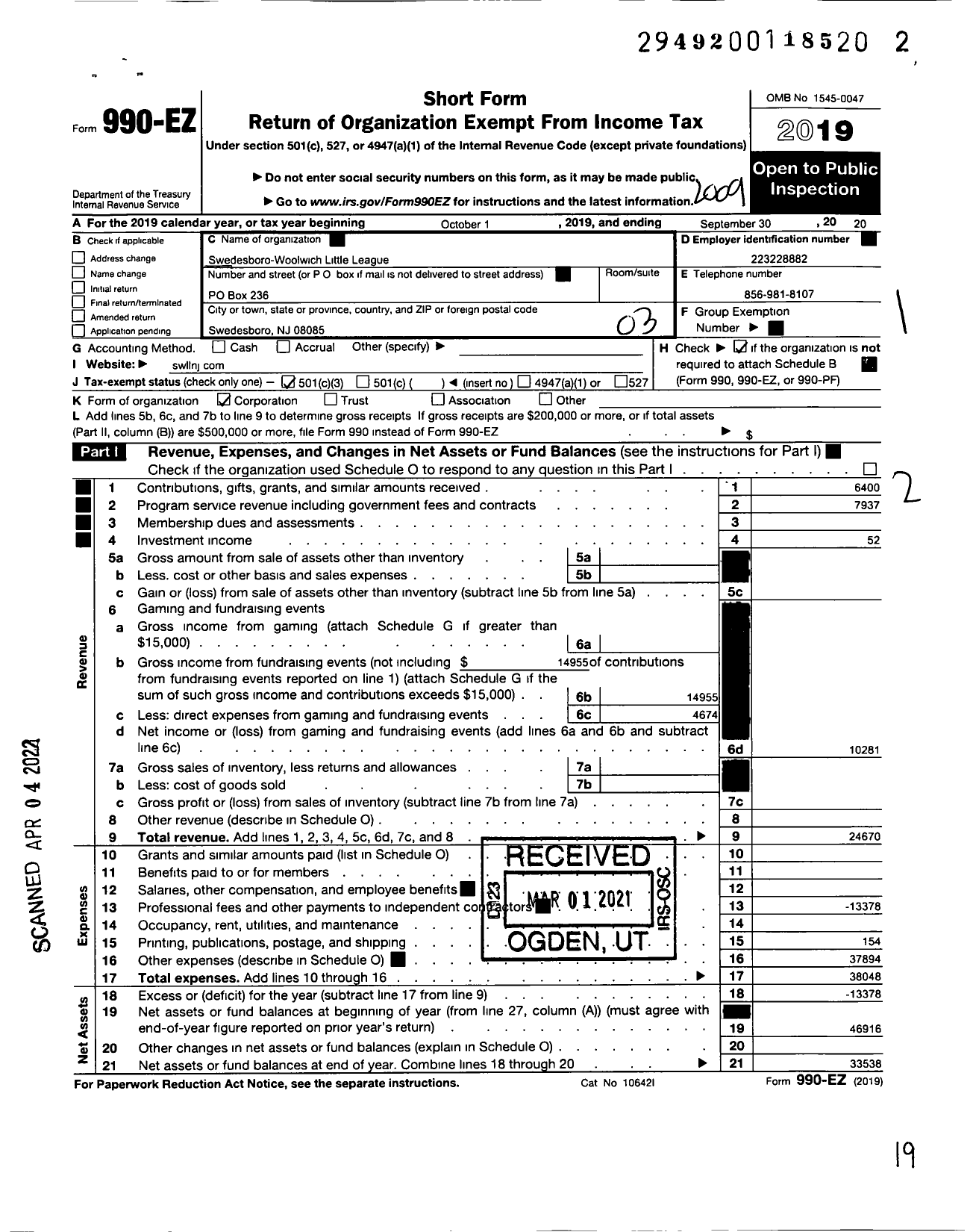 Image of first page of 2019 Form 990EZ for LITTLE League BASEBALL - 2301511 Swedesboro-Woolwich LL