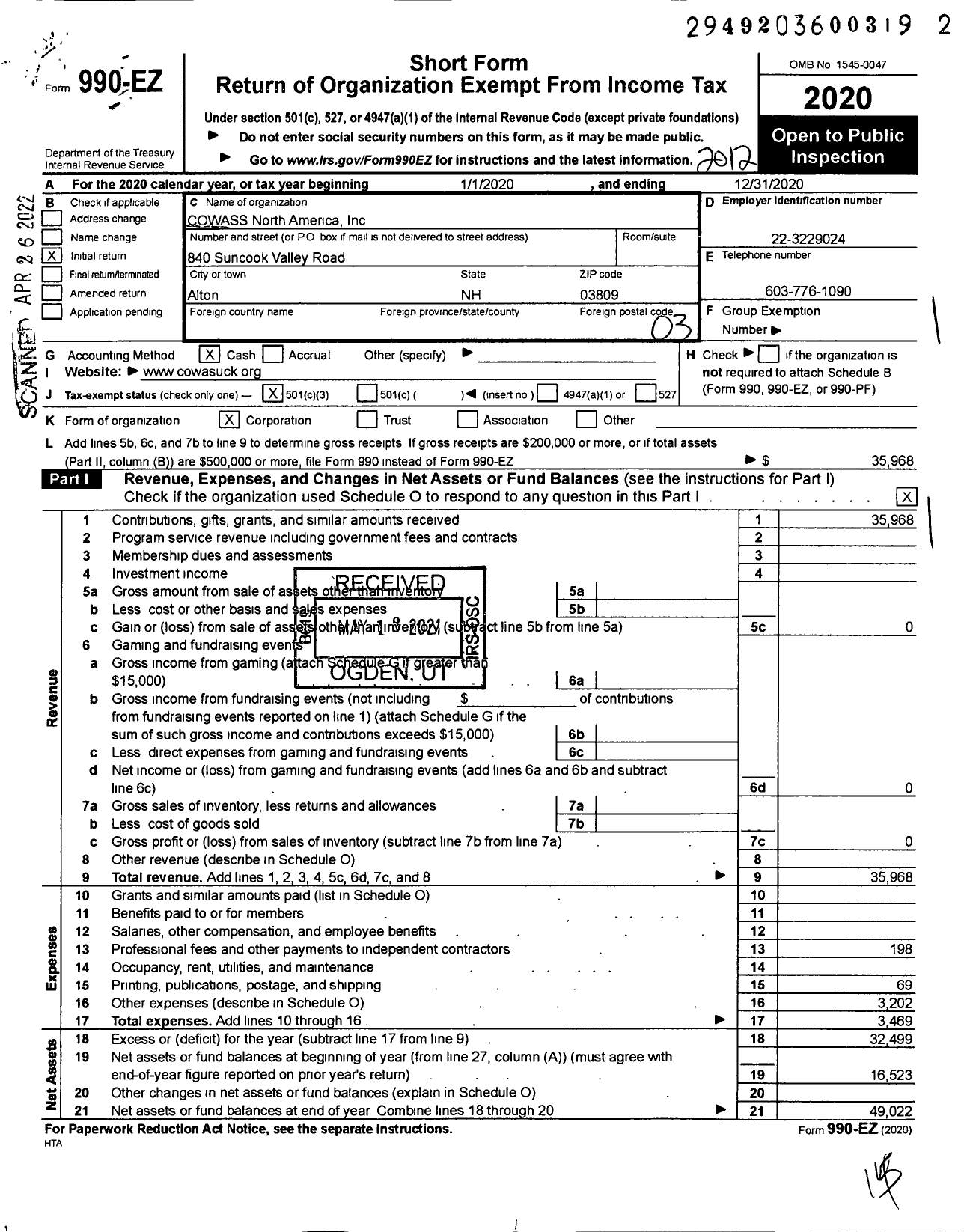 Image of first page of 2020 Form 990EZ for COWASS North America