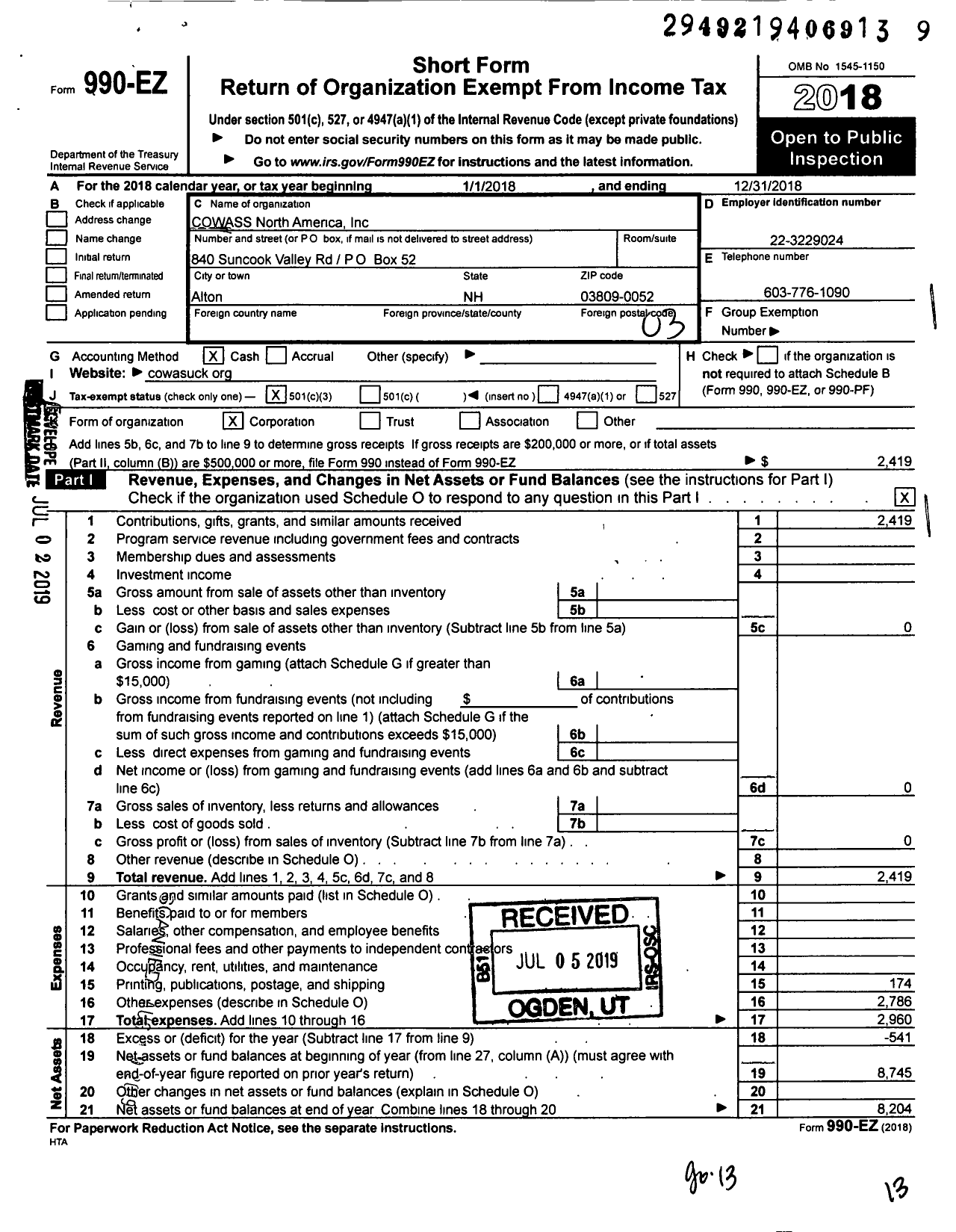 Image of first page of 2018 Form 990EZ for COWASS North America