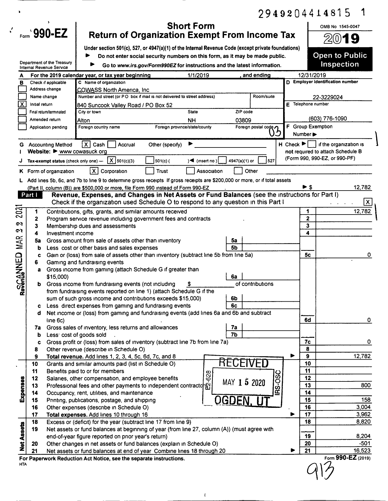 Image of first page of 2019 Form 990EZ for COWASS North America