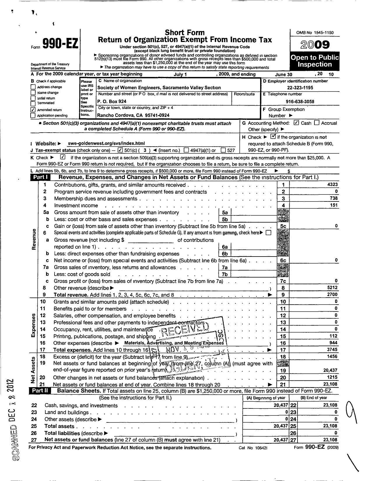 Image of first page of 2009 Form 990EZ for Society of Women Engineers / Sacramento Valley Section