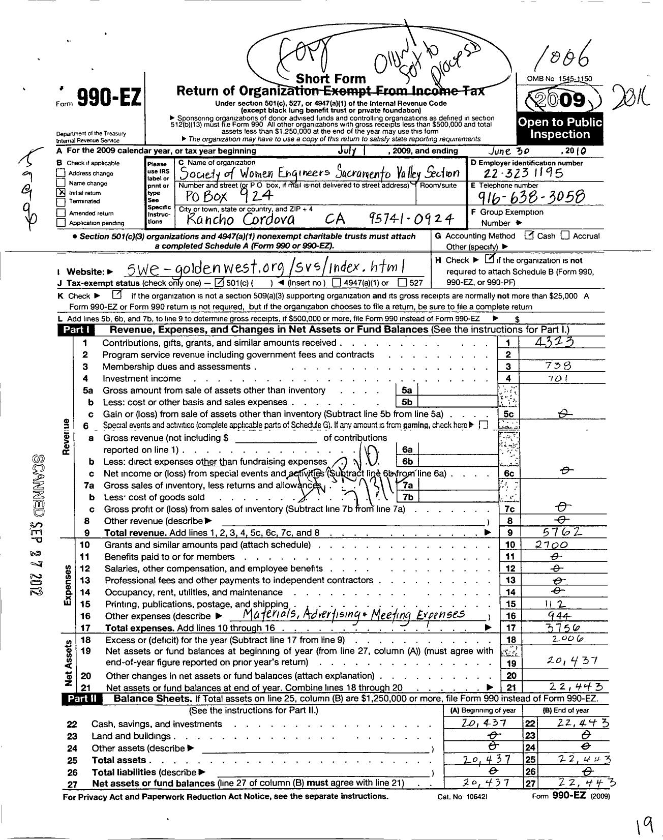 Image of first page of 2009 Form 990EO for Society of Women Engineers / Sacramento Valley Section