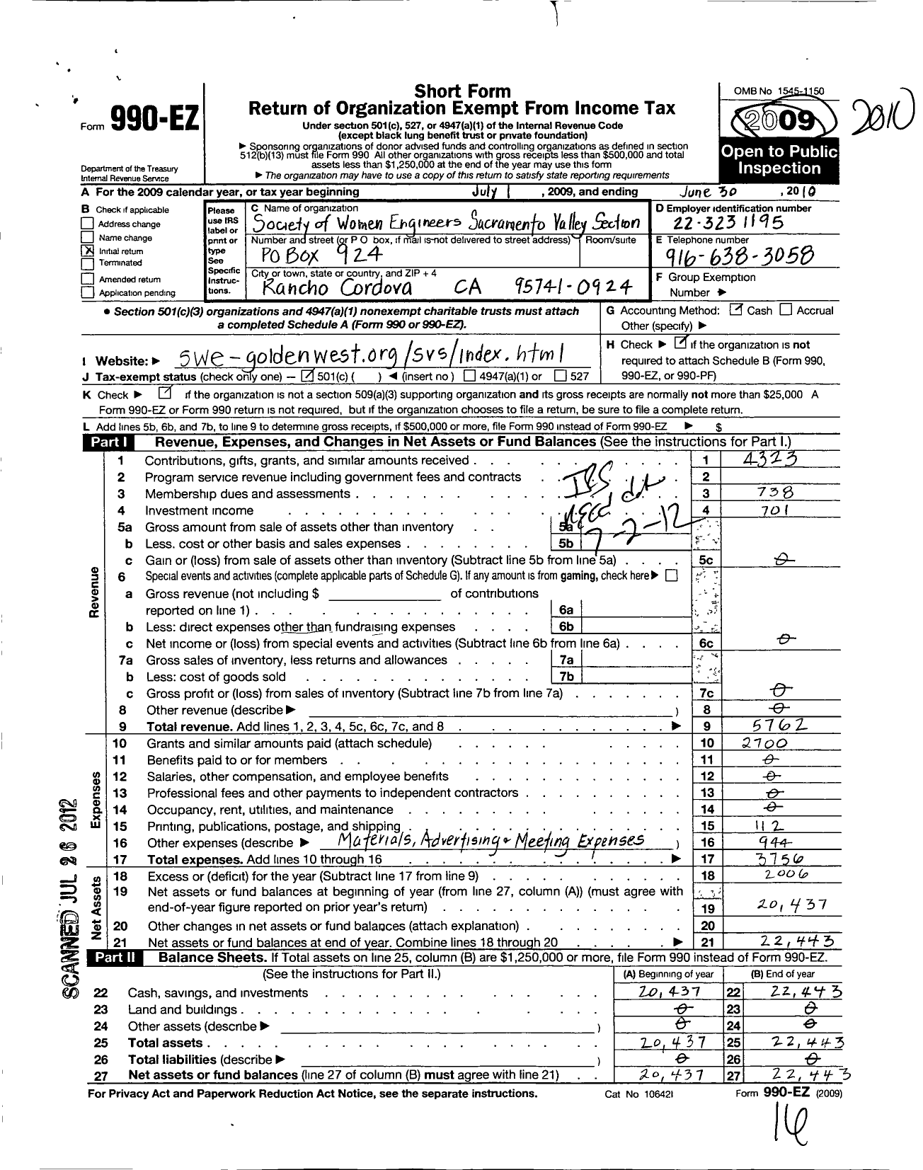 Image of first page of 2009 Form 990EO for Society of Women Engineers / Sacramento Valley Section