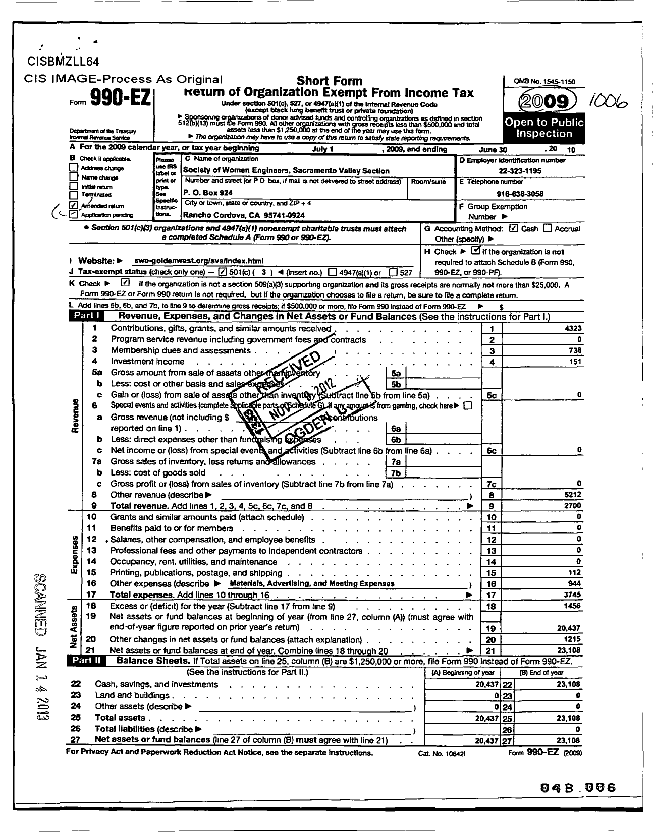 Image of first page of 2009 Form 990EZ for Society of Women Engineers / Sacramento Valley Section