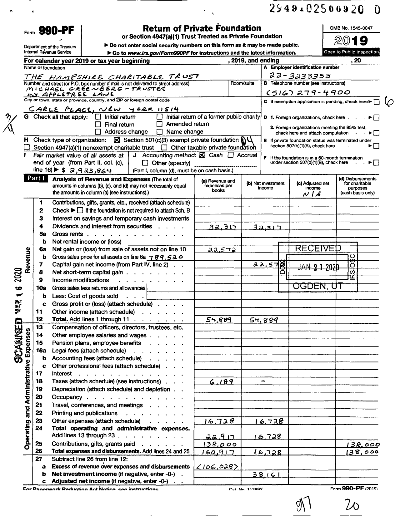 Image of first page of 2019 Form 990PR for The Hampshire Charitable Trust Michael Greenberg Trustee