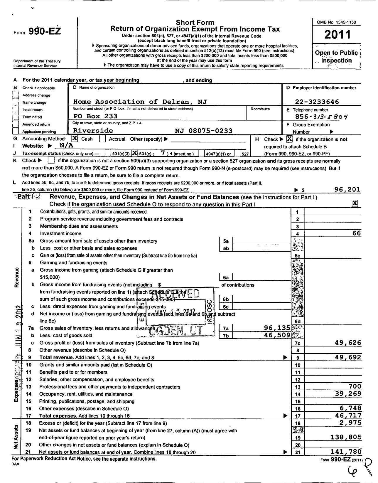 Image of first page of 2011 Form 990EO for Home Association of Delran NJ