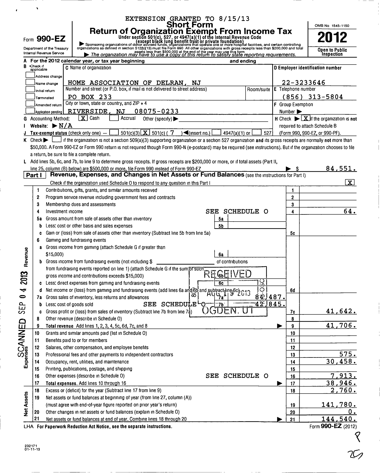 Image of first page of 2012 Form 990EO for Home Association of Delran NJ