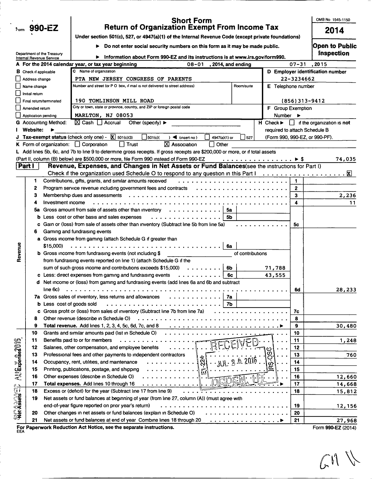 Image of first page of 2014 Form 990EZ for New Jersey PTA - 31634 Marlton Elem School PTA