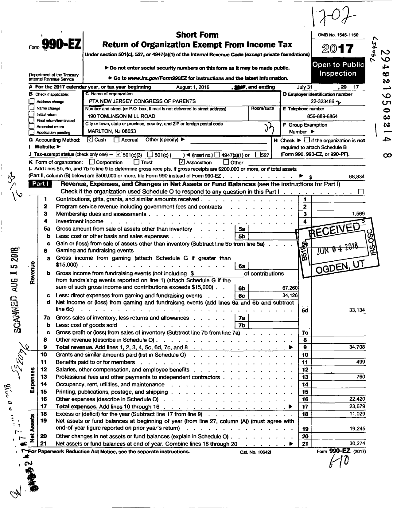 Image of first page of 2016 Form 990EZ for New Jersey PTA - 31634 Marlton Elem School PTA