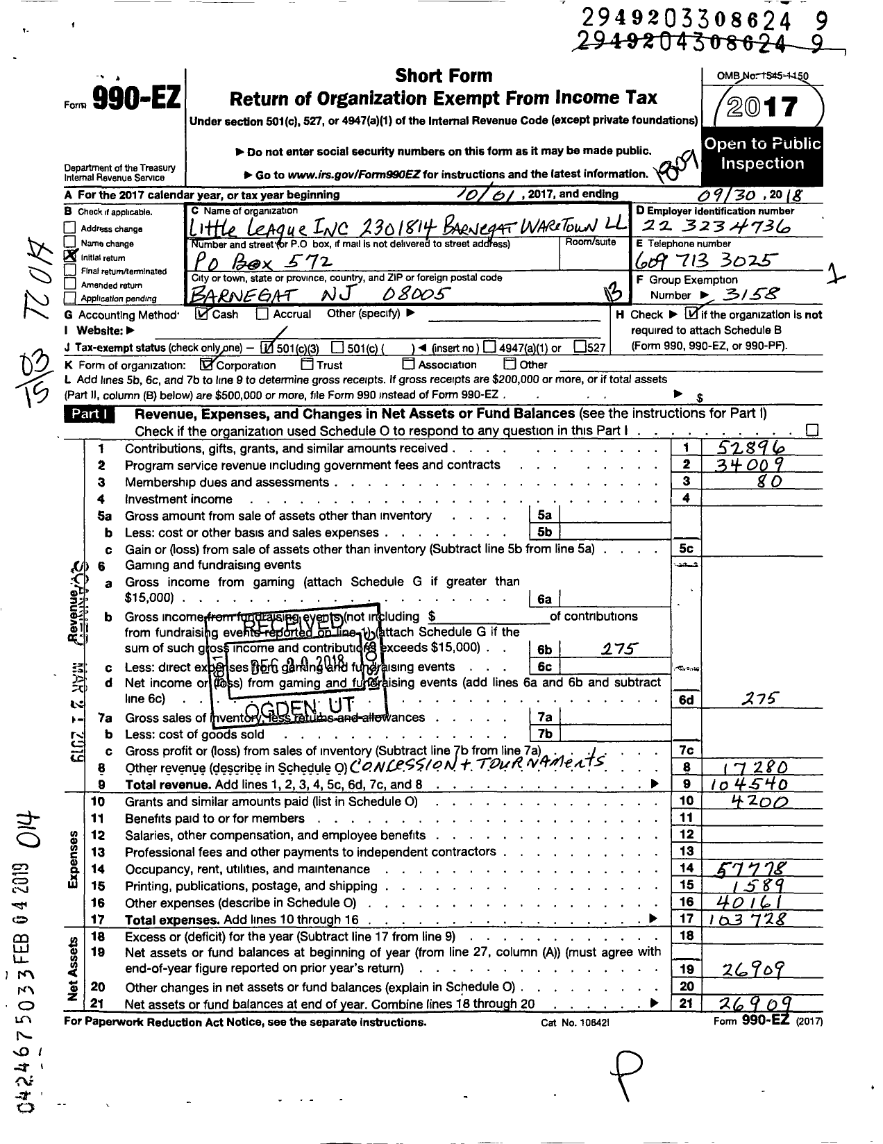 Image of first page of 2017 Form 990EZ for Little League Baseball - 2301814 Barnegat-Waretown LL