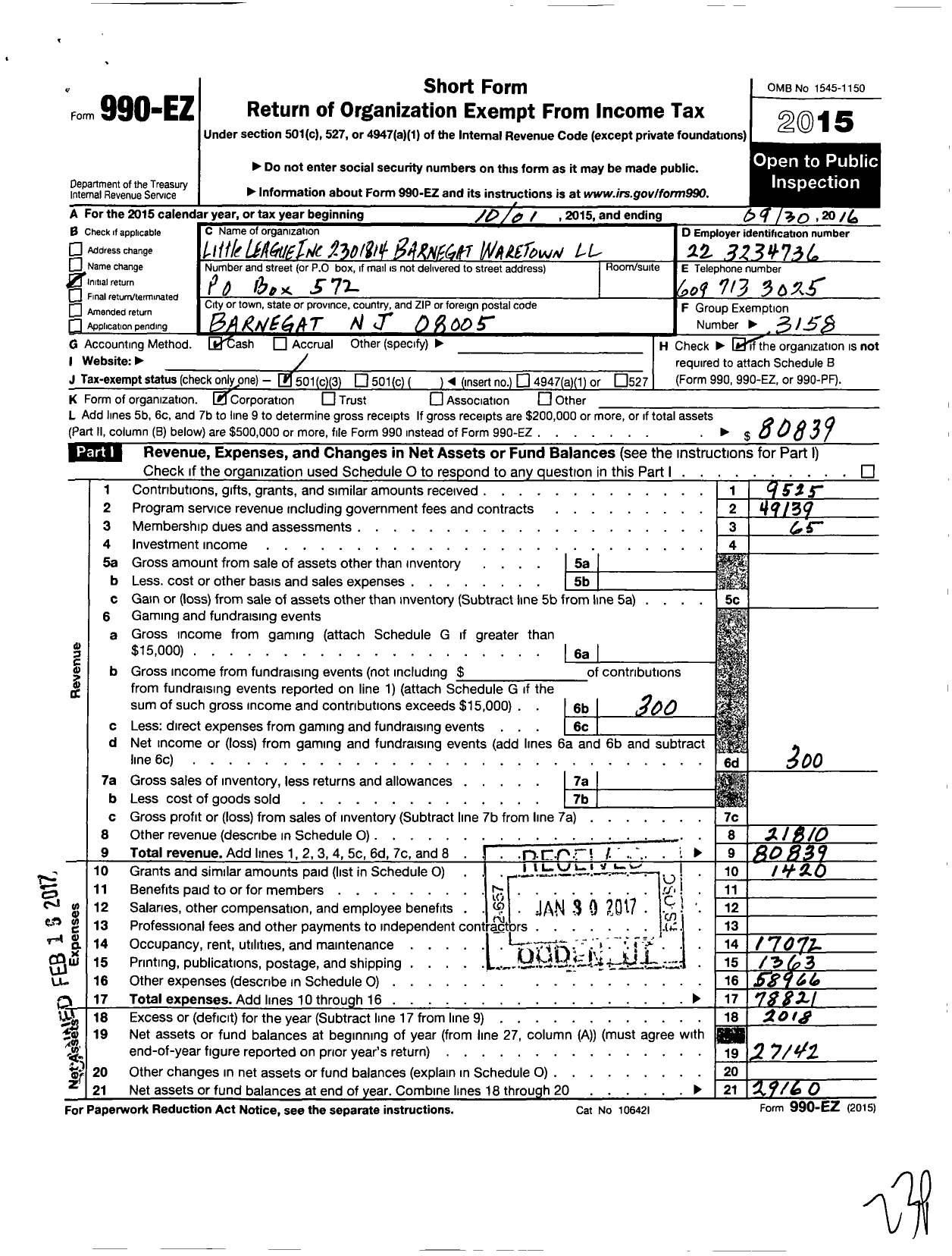 Image of first page of 2015 Form 990EZ for Little League Baseball - 2301814 Barnegat-Waretown LL