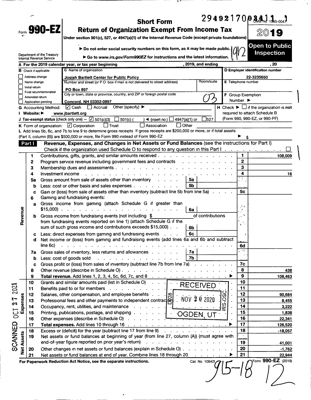 Image of first page of 2019 Form 990EZ for Josiah Bartlett Center for Public Policy