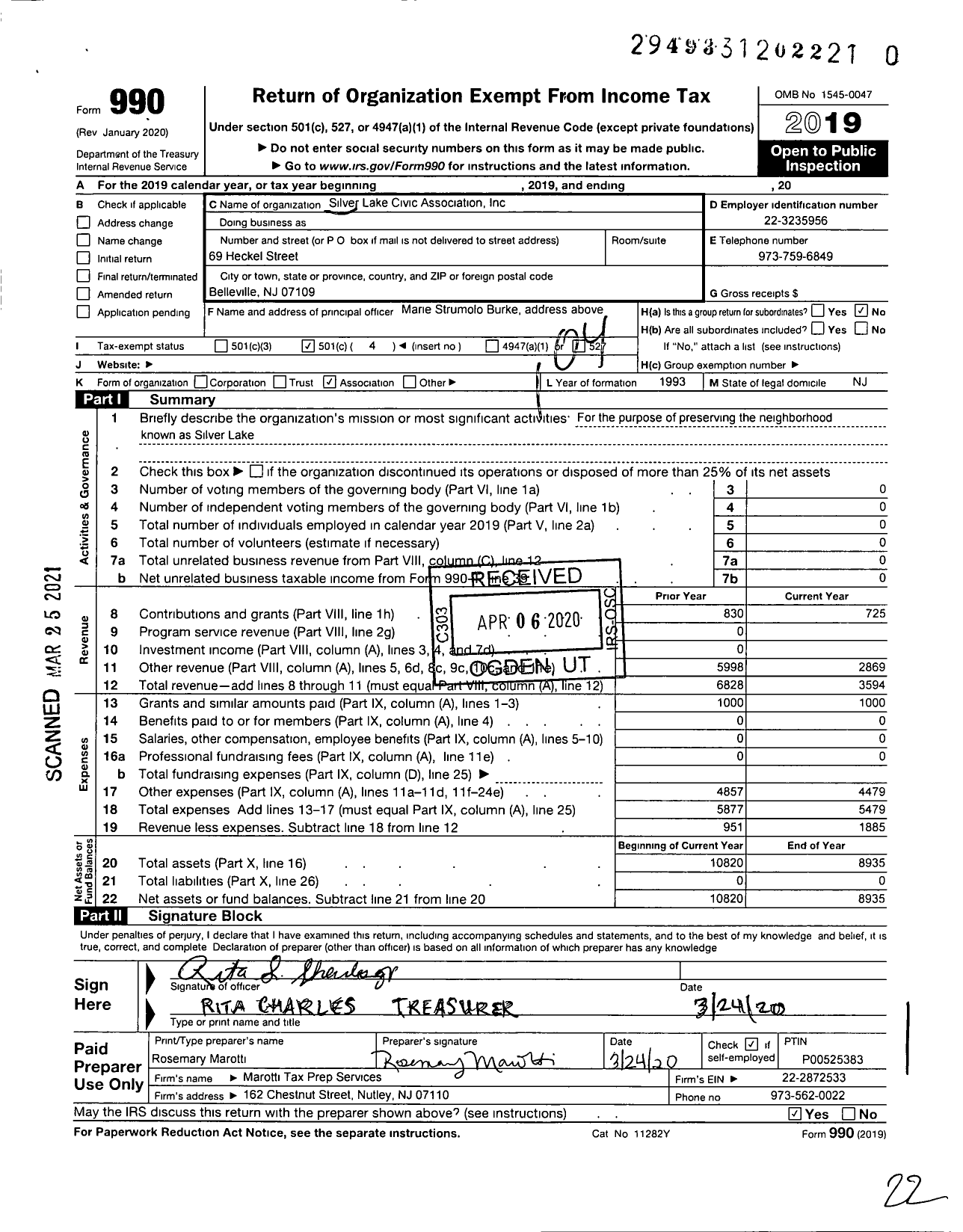 Image of first page of 2019 Form 990O for Silver Lake Civic Association