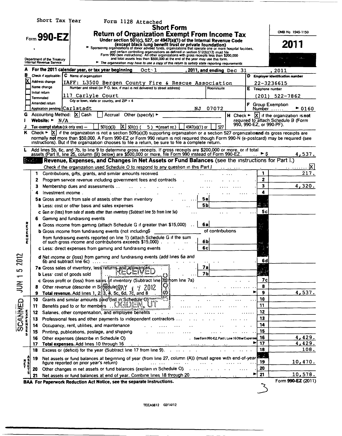 Image of first page of 2011 Form 990EO for International Association of Fire Fighters - L3500 Bergen County