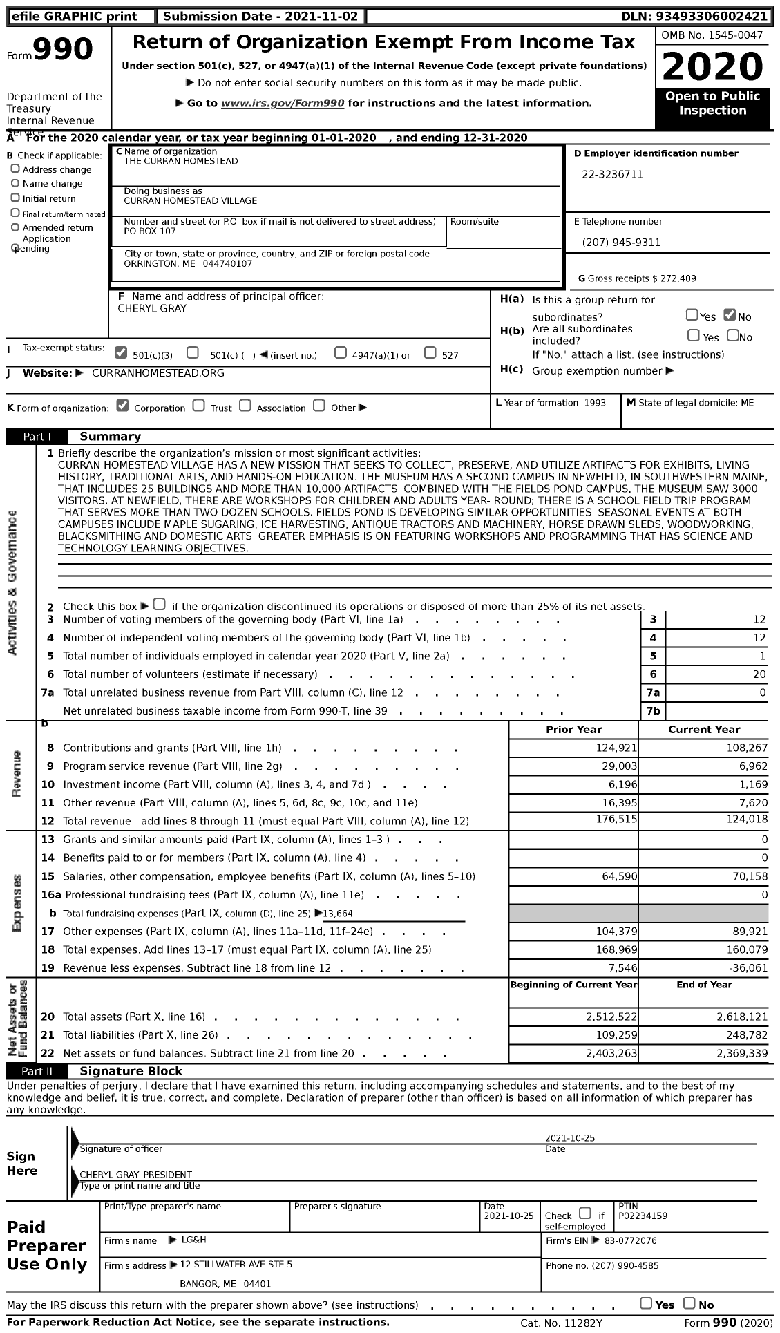 Image of first page of 2020 Form 990 for Curran Homestead Village