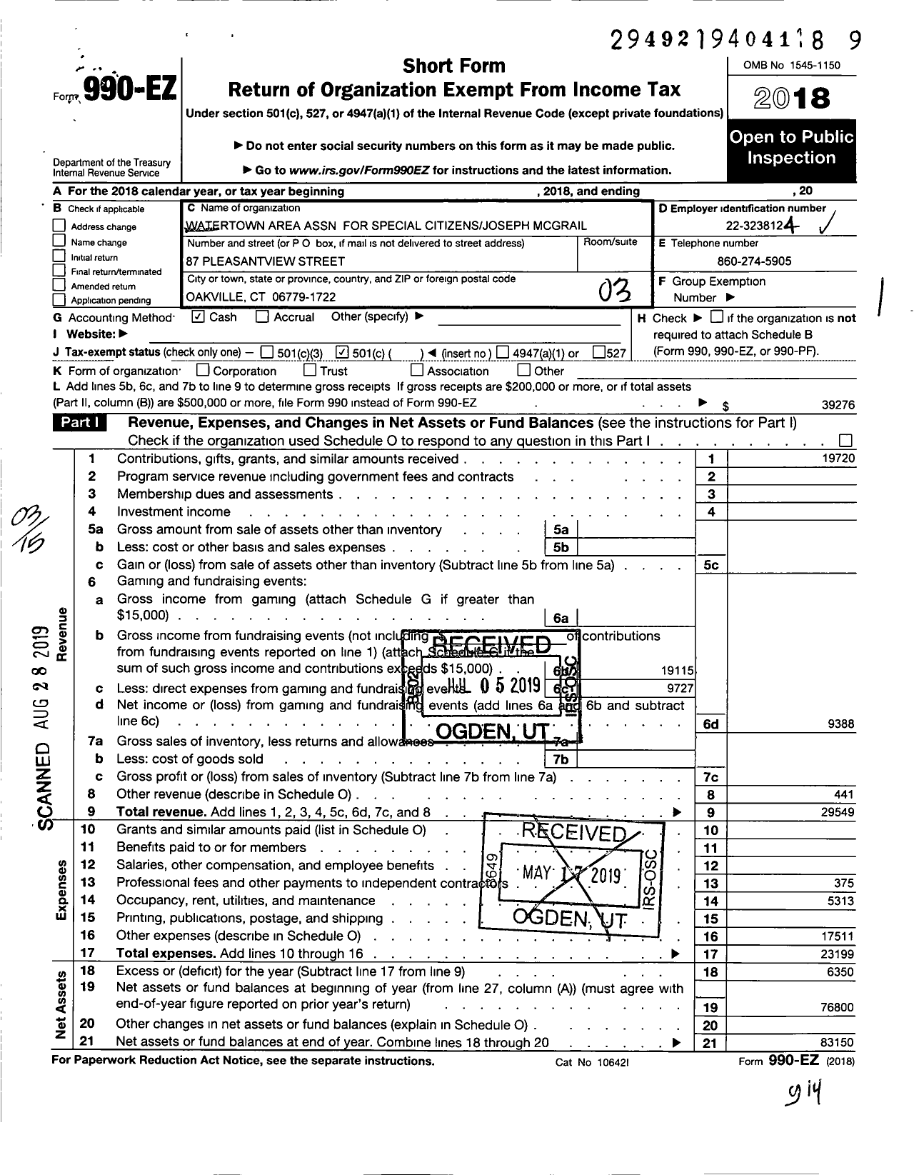 Image of first page of 2018 Form 990EZ for Watertown Area Association for Special Citizensjoseph Mcgrail
