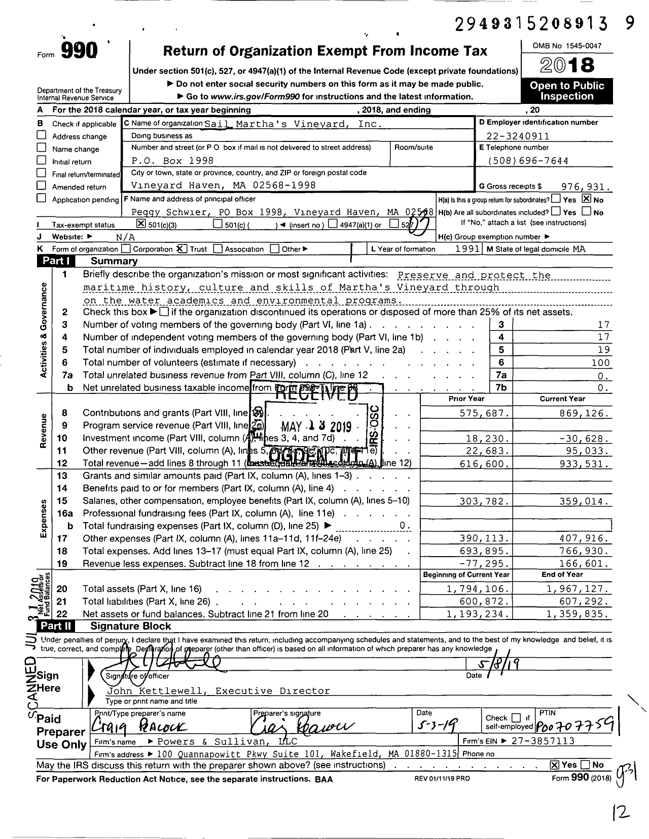 Image of first page of 2018 Form 990 for Sail Martha's Vineyard